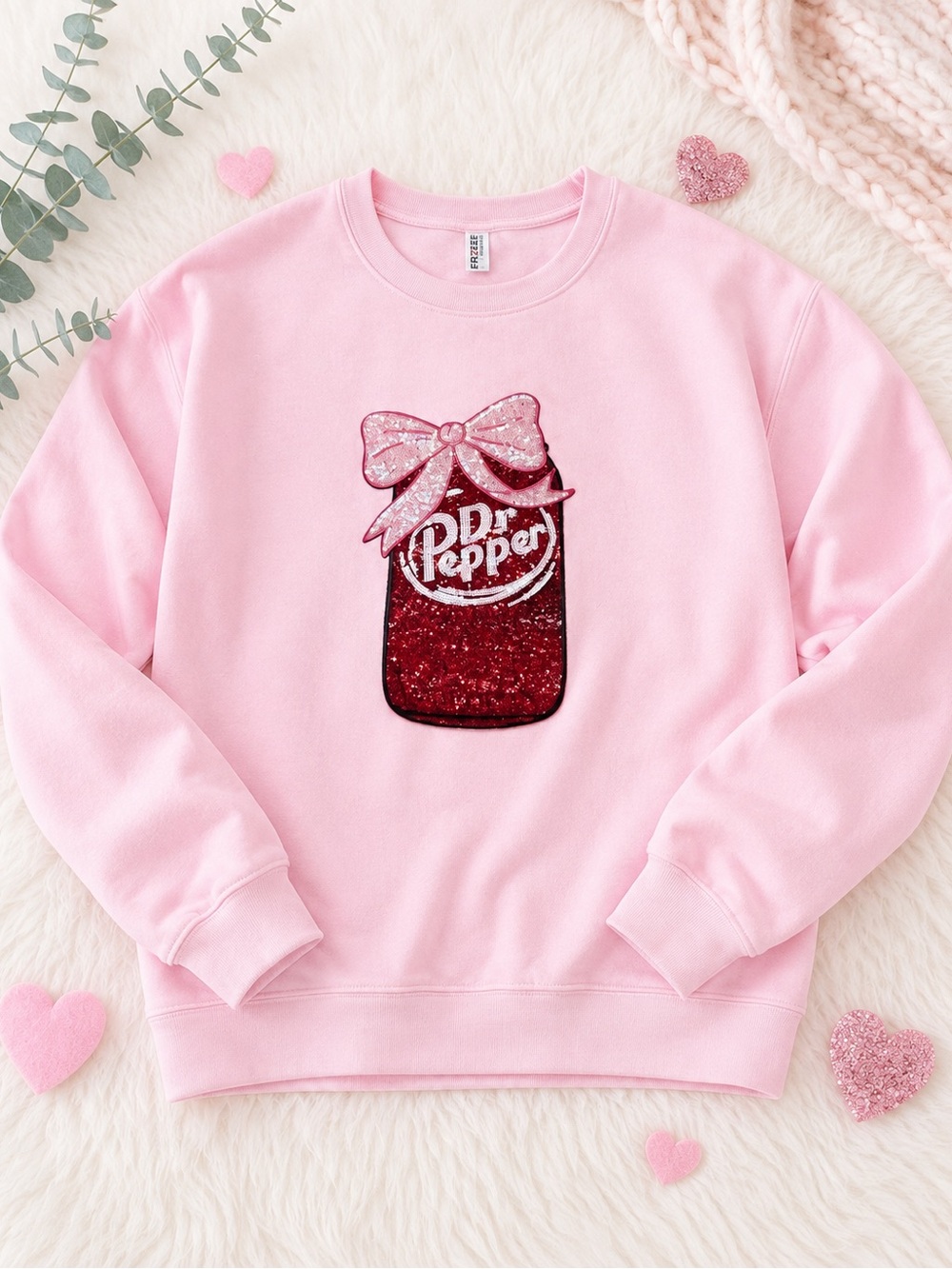 Jerzees Pink Crewneck with Sparkle Dr Pepper Graphic